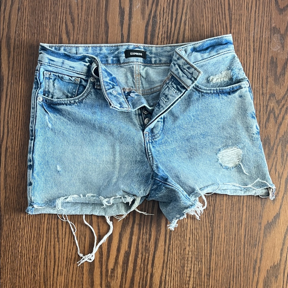 Express Women's Light Blue Ripped Jean Shorts